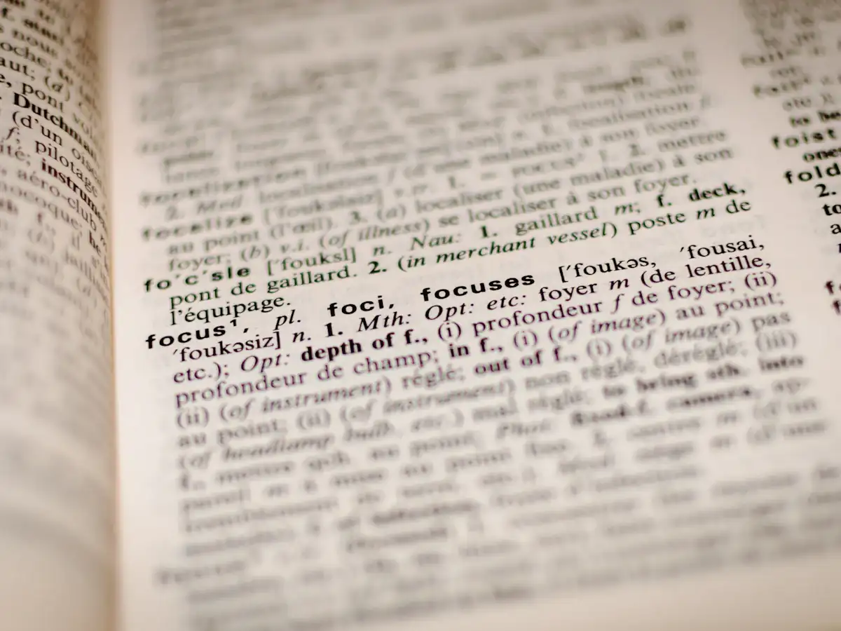 Close-up of a dictionary index page