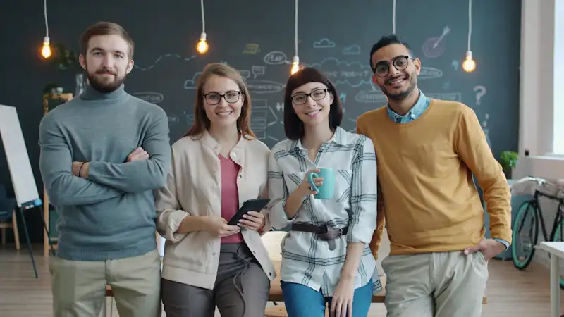 Four smiling colleagues standing together in a modern office