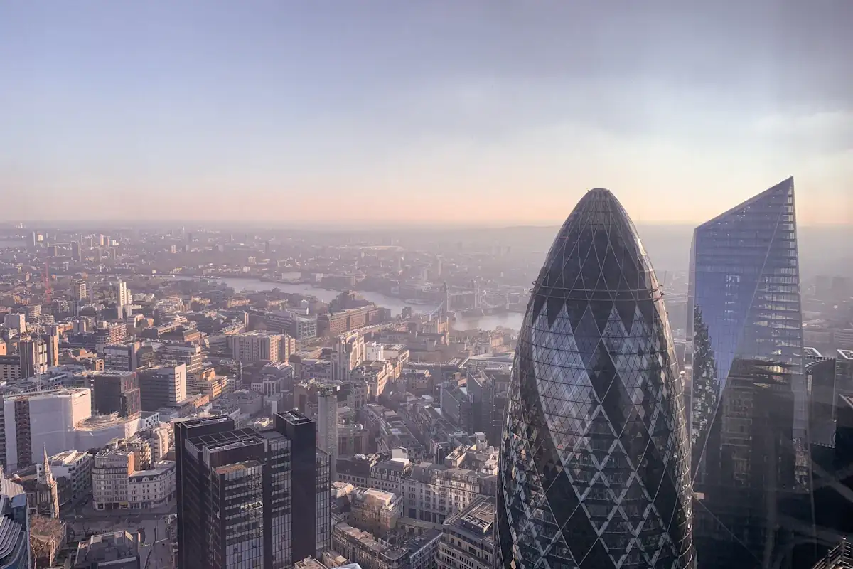 London skyline with the Gherkin and the River Thames in low sun